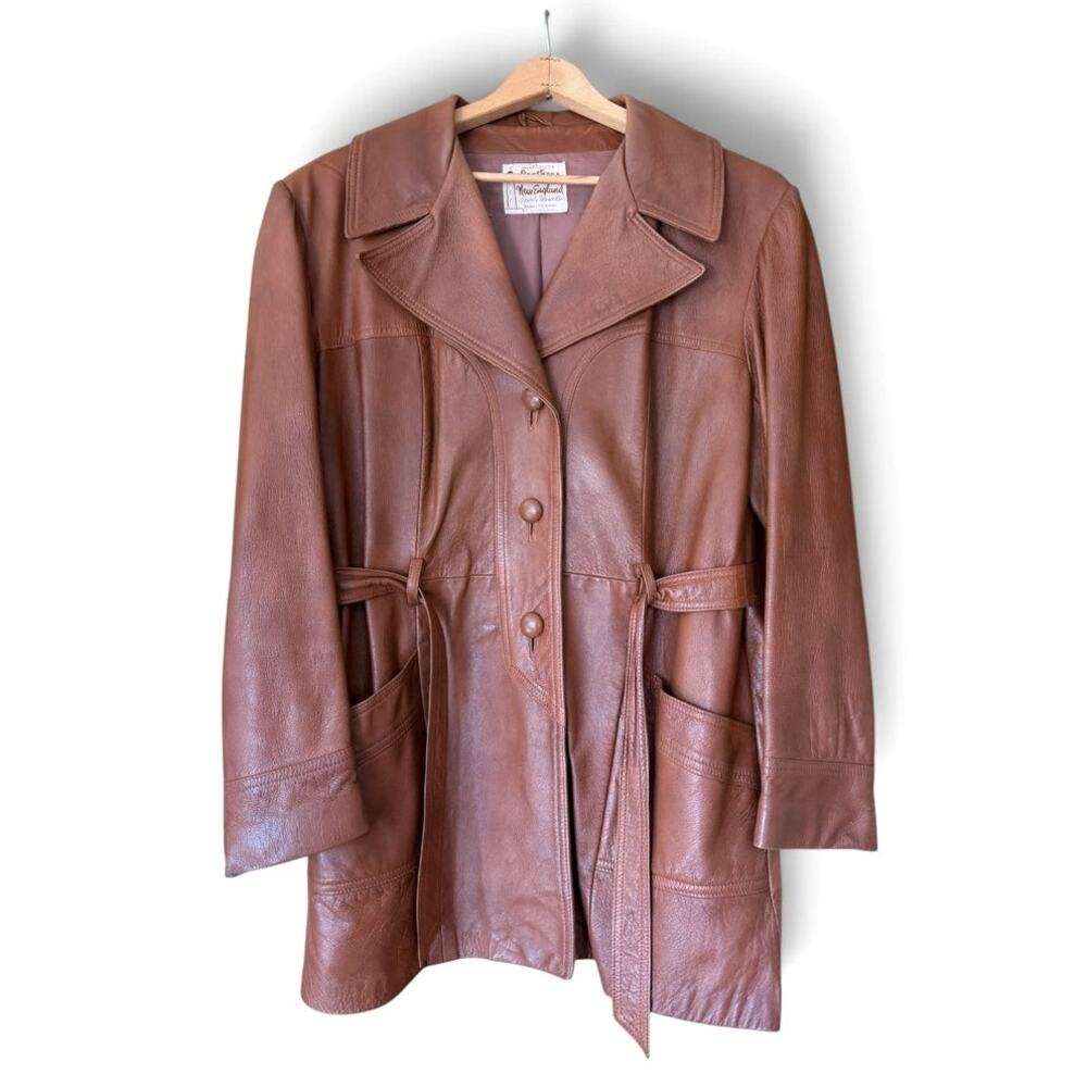 Vintage 70s New England Sportswear Belted Leather Coat Cognac Brown Size L NST